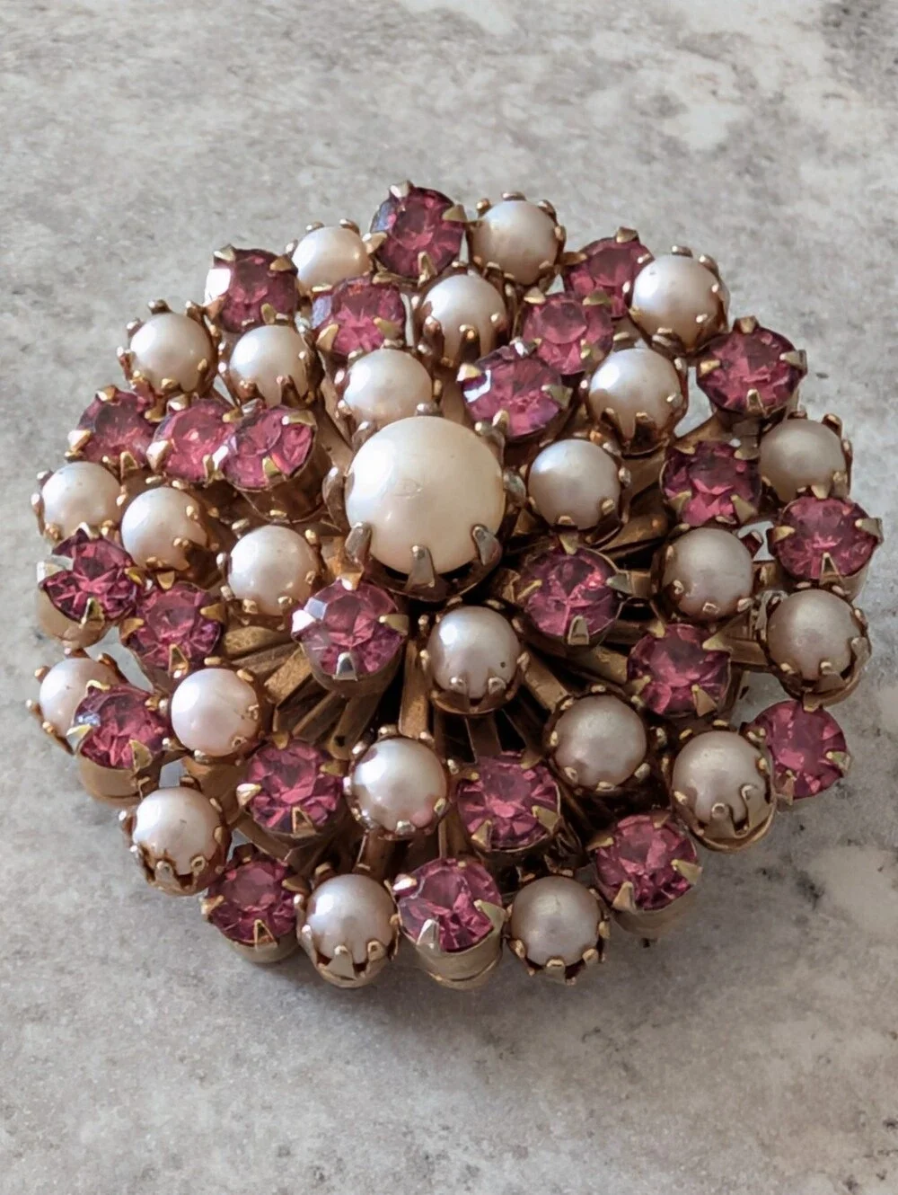 Vintage Domed Floral Starburst Faux Pearl And Pink Rhinestone Brooch